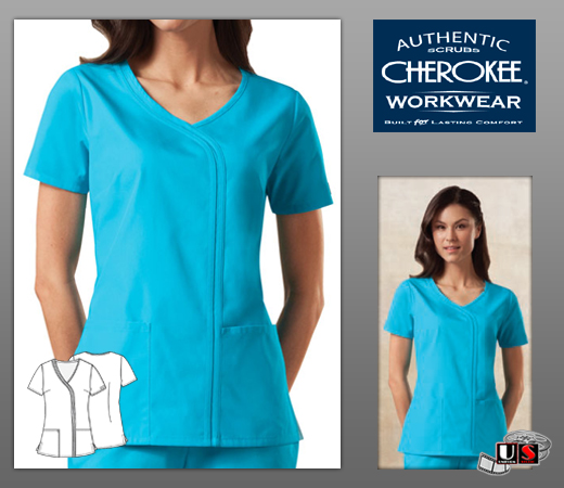 Cherokee Workwear's Solid Mock Wrap Scrub Top - Click Image to Close