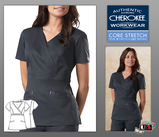 Cherokee Workwear's Core Stretch Women's Mock Wrap Scrub Top - Click Image to Close