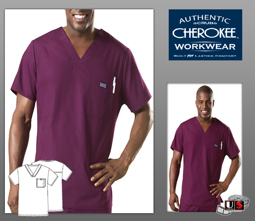 Cherokee Workwear's Men Chest Pocket V-Neck Scrub Top - Click Image to Close
