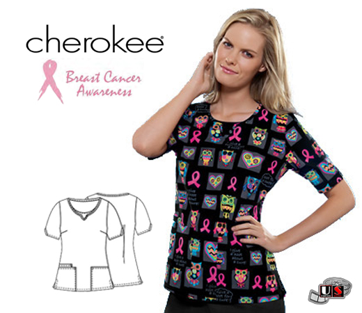 Cherokee I Give a Hoot Printed Round Neck V-Notch Top - Click Image to Close