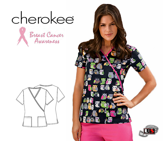 Cherokee I Give a Hoot Printed Slim Fit Mock Wrap Top - Click Image to Close