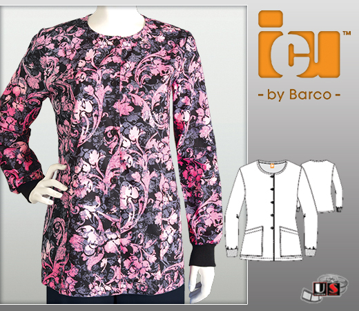 ICU Barco Simone Printed Top 2 Pocket Round Neck Button Front - Click Image to Close