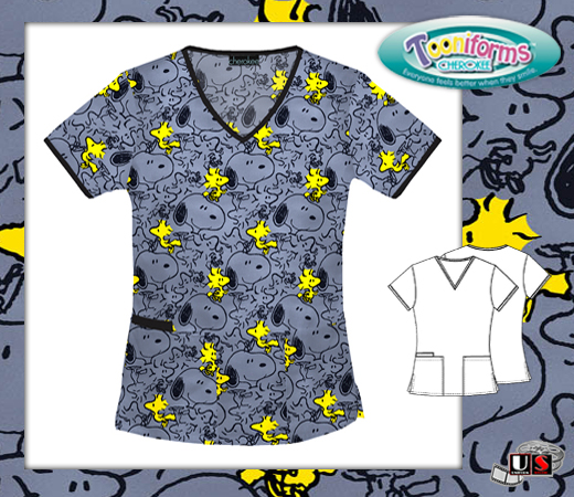 Cherokee Tooniforms Peanuts For the Birds V-Neck Scrub Top - Click Image to Close