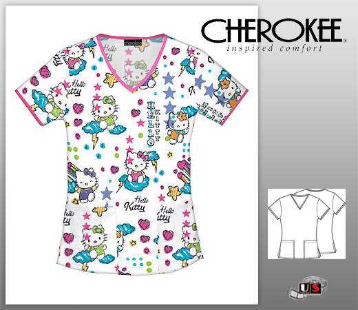 Cherokee Tooniform V-Neck Top - Scribble Hello Kitty - Click Image to Close