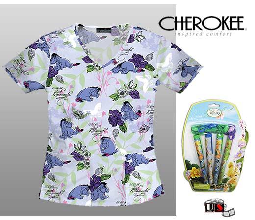 Disney Eeyore Cherokee Mock Wrap Scrub Top and Clip Pens - Click Image to Close