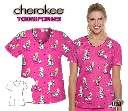 Cherokee Tooniforms Purr-fect Friendship V-Neck Top - Click Image to Close