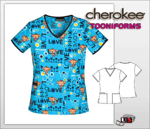 Cherokee Tooniforms Love Monkey V-Neck Top - Click Image to Close
