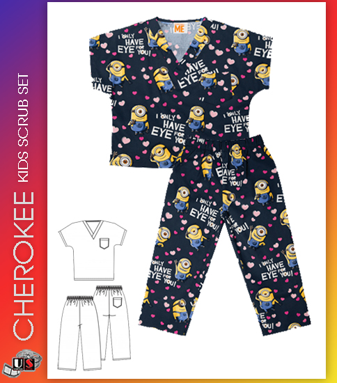 CHEROKEE Unisex Tooniform Kids Top and Pant Scrub Set in Eye - Click Image to Close