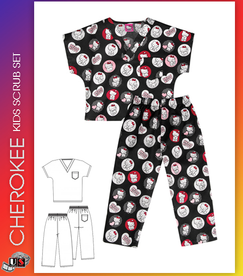 CHEROKEE Unisex Tooniform Kids Top and Pant Scrub Set Kitty - Click Image to Close