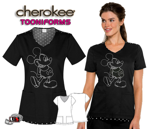Cherokee Tooniforms Spinning a Yarn Black V-Neck Print Top - Click Image to Close