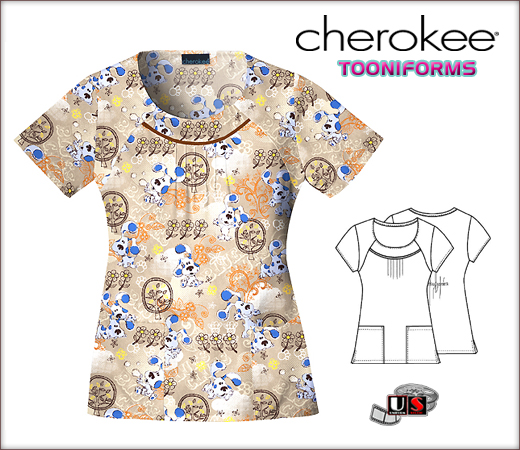 Cherokee Tooniforms Round Neck Pin-Tuck Top in Natural Blue - Click Image to Close