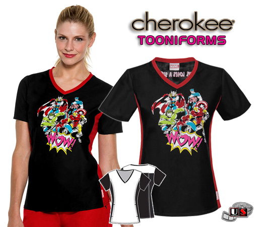 Cherokee Tooniforms Everyone Loves a Hero V-Neck Top - Click Image to Close