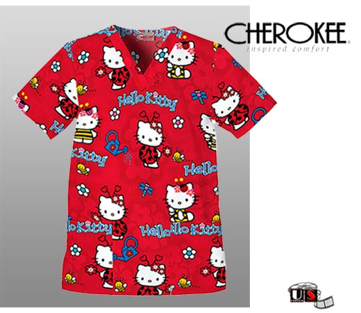 Hello Kitty Cherokee V-Neck Tunic Scrub Top - Lady Bee - Click Image to Close