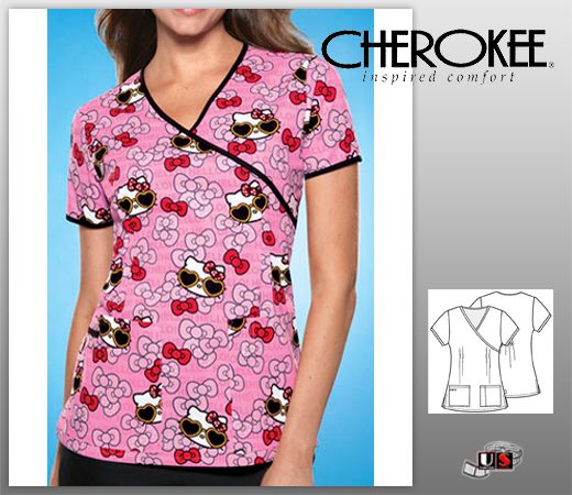 Cherokee Tooniform Mock Wrap Top - Hello Kitty Summer Fun - Click Image to Close