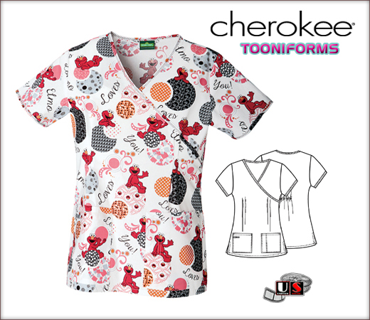 Cherokee Tooniforms Mock Wrap Top in For The Love Of Elmo - Click Image to Close