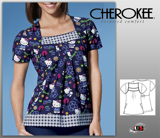 Cherokee Tooniform Soft Round Neck Top -Green Hello Kitty - Click Image to Close