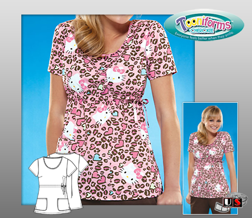 Hello Kitty Cheetah Cherokee Tooniforms Round Neck Scrub Top - Click Image to Close