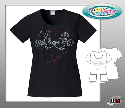 Cherokee Tooniforms Mickey Minnie In Love Round Neck Top-Black - Click Image to Close