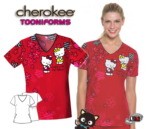 Cherokee Tooniforms Hello Kitty Laughs V-Neck Top - Click Image to Close