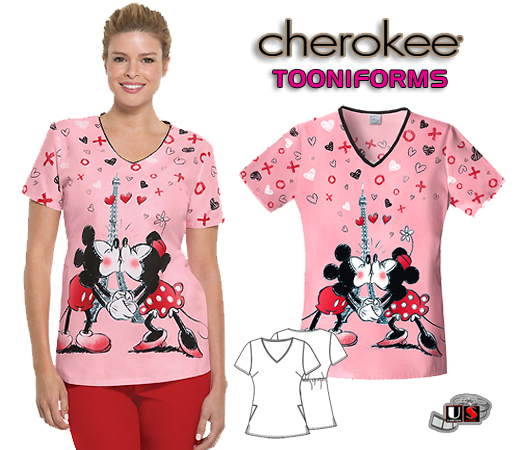 Cherokee Tooniforms Minnie L'Amour V-Neck Top - Click Image to Close