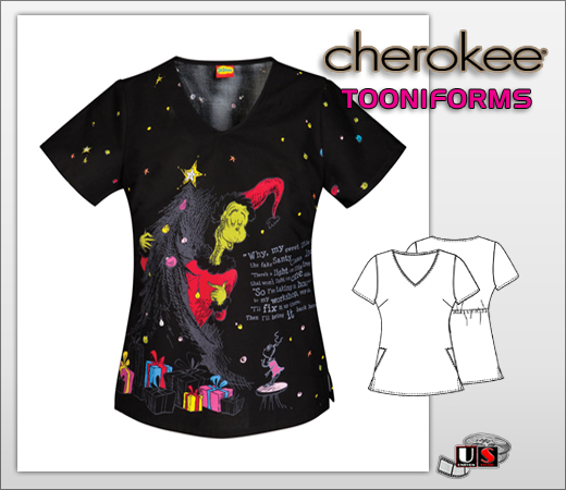 Cherokee Tooniforms Cindy Lou's Christmas V-Neck Top - Click Image to Close