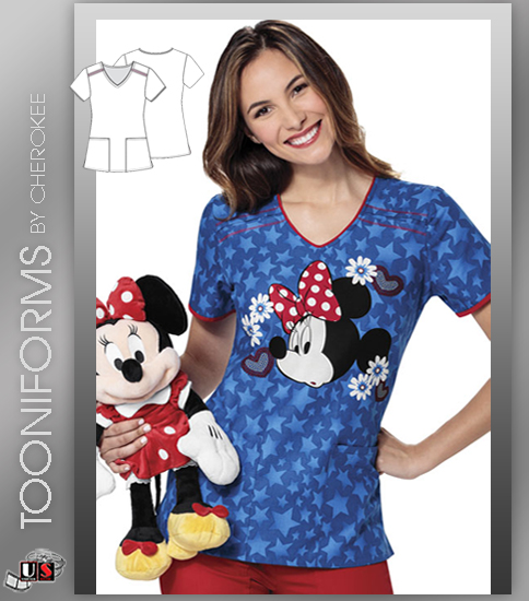 Cherokee Tooniforms in Disney Minnie Americana V-Neck Scrub Top - Click Image to Close