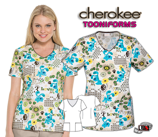 Cherokee Tooniforms Playful Puppy V-Neck Top - Click Image to Close