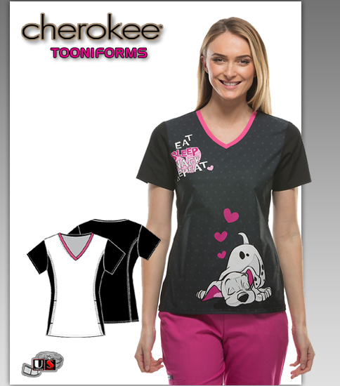 Cherokee Tooniforms Disney Snack & Repeat V-Neck Knit Panel Top - Click Image to Close