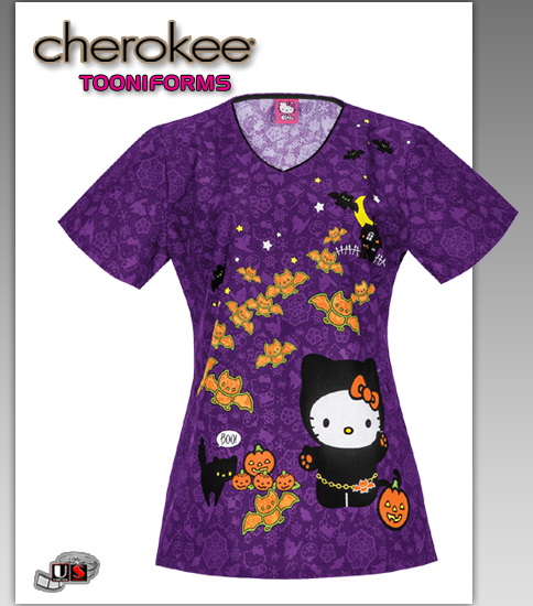 Cherokee Tooniforms Haunted Hello Kitty V-Neck Top - Click Image to Close