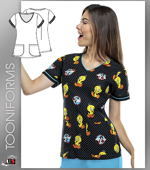 Cherokee Tooniforms Dot's A Lotta Tweety V-Neck Top - Click Image to Close