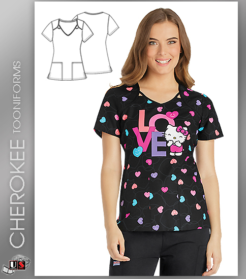 Cherokee Tooniforms Women's V-Neck Top in Sweet Hello Kitty - Click Image to Close