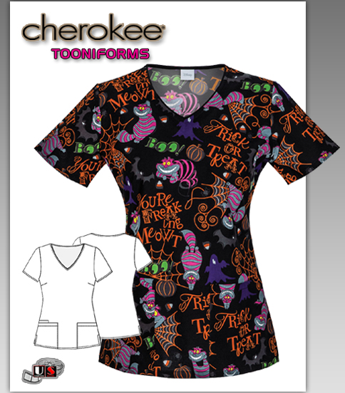 Cherokee Tooniforms Disney Freakin' Me Out V-Neck Top - Click Image to Close