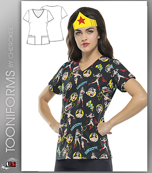 Cherokee Tooniforms Wonder Woman V-Neck Top - Click Image to Close