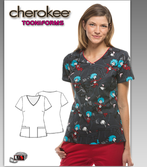 Cherokee Tooniforms Dr. Zeus Thing One Thing Two V-Neck Top - Click Image to Close