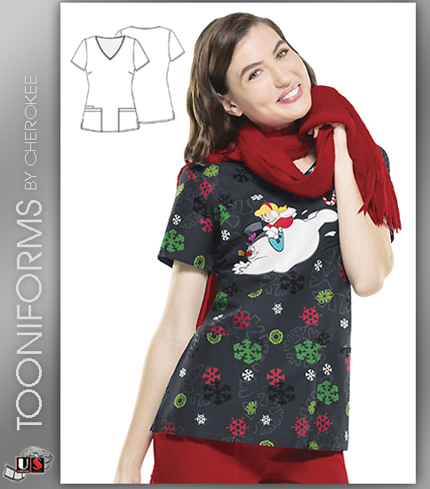 Cherokee Tooniforms Jolly Frosty Fun V-Neck Top - Click Image to Close