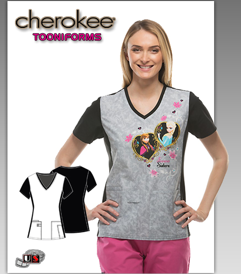 Cherokee Tooniforms Disney Forever Sisters V-Neck Knit Panel Top - Click Image to Close