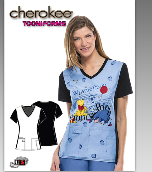 Cherokee Tooniforms Disney Too Much Hunny V-Neck Knit Panel Top - Click Image to Close