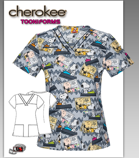 Cherokee Tooniforms Peanuts Back to School V-Neck Top - Click Image to Close