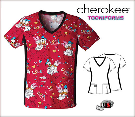 Cherokee Tooniforms V-Neck Knit Panel Top in Connect The Ducks - Click Image to Close