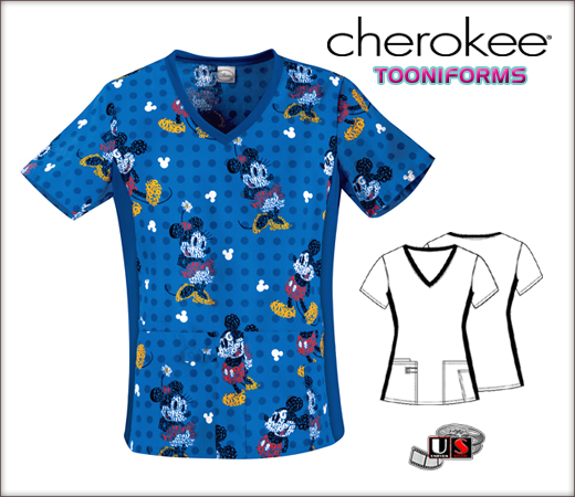 Cherokee Tooniforms V-Neck Knit Panel Top in Mouse Of Letters - Click Image to Close