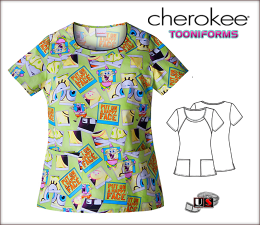 Cherokee Tooniforms Round Neck Top in SpongeBob Happy Face - Click Image to Close