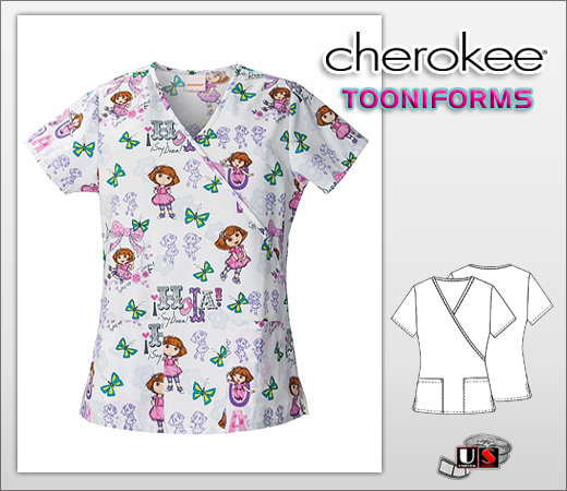 Cherokee Tooniforms Mock Wrap Hola Dora Scrub Top - Click Image to Close