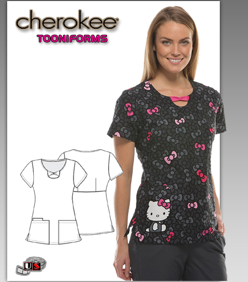 Cherokee Tooniforms Hello Kitty Hello Bows Round Neck Top - Click Image to Close