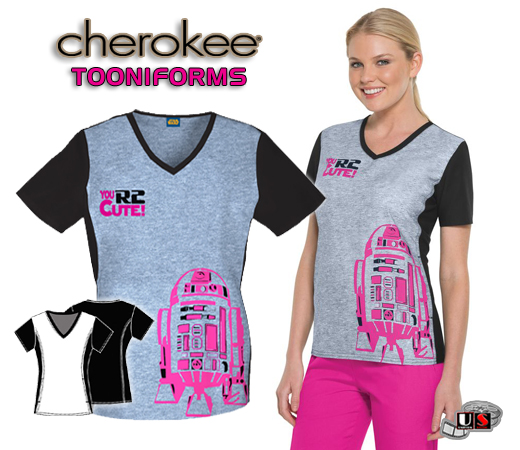Cherokee Tooniforms R2-D2 V-Neck Knit Panel Top - Click Image to Close