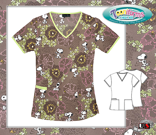 Cherokee Tooniforms Peanuts Spot that Beagle V-Neck Scrub Top - Click Image to Close