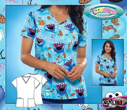 Cherokee Tooniforms Sesame Street Nom Nom V-Neck Scrub Top - Click Image to Close