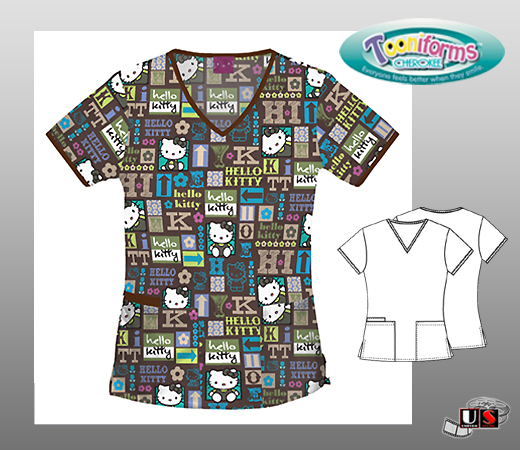 Cherokee Tooniforms Hello Kitty V-Neck Scrub Top - Click Image to Close