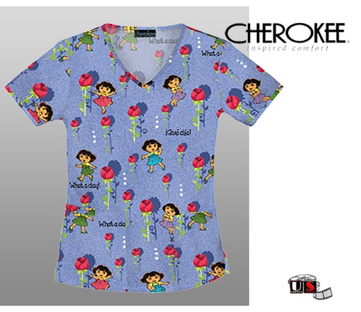 Nickelodeon Cherokee Mock Wrap Scrub Top - Dora Que Dia - Click Image to Close