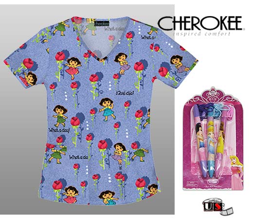 Nickelodeon Dora Cherokee Mock Wrap Scrub Top and Clip Pens - Click Image to Close