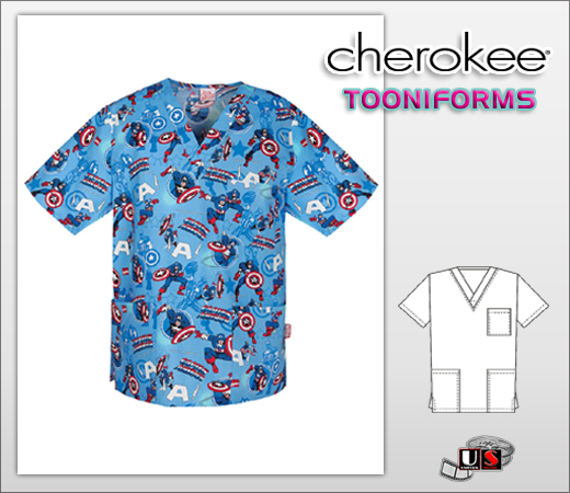 Cherokee Tooniforms Unisex Top in Marvel Gimme An A - Click Image to Close